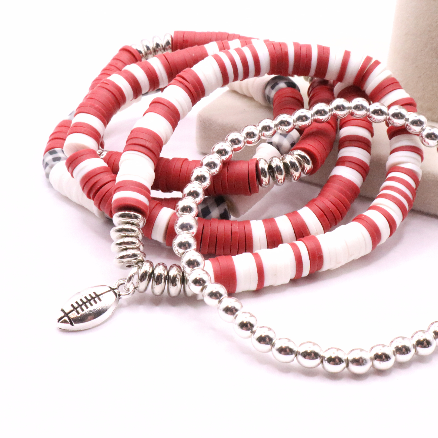 Crimson & Houndstooth Game Day Clay Bead Bracelet Stack