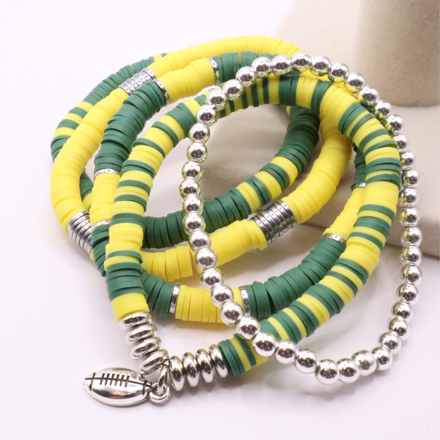 Green & Yellow Game Day Clay Bead Bracelet Stack