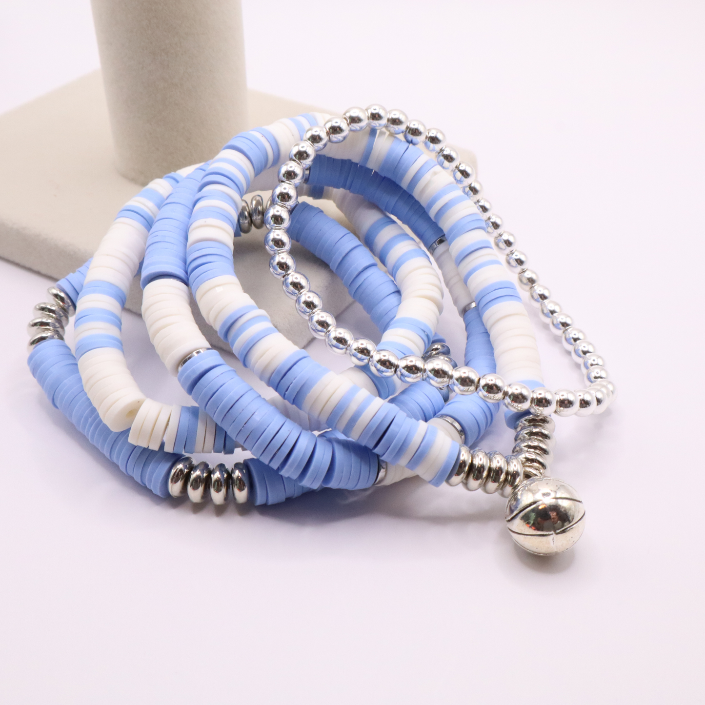 Light Blue & White Game Day Clay Bead Bracelet Stack
