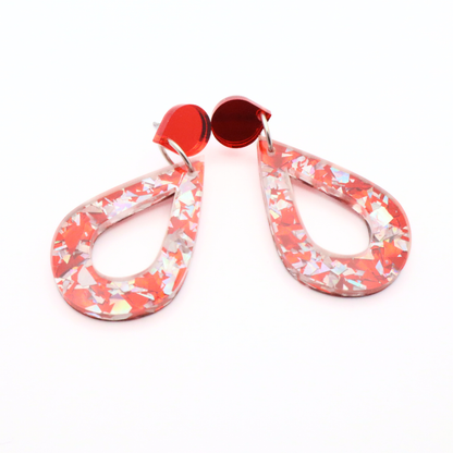 Festive Red & Silver Teardrop Holiday Earrings | Mirrored Acrylic Christmas Jewelry | Glitter Statement Earrings