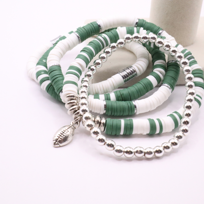 Green & White Game Day Clay Bead Bracelet Stack