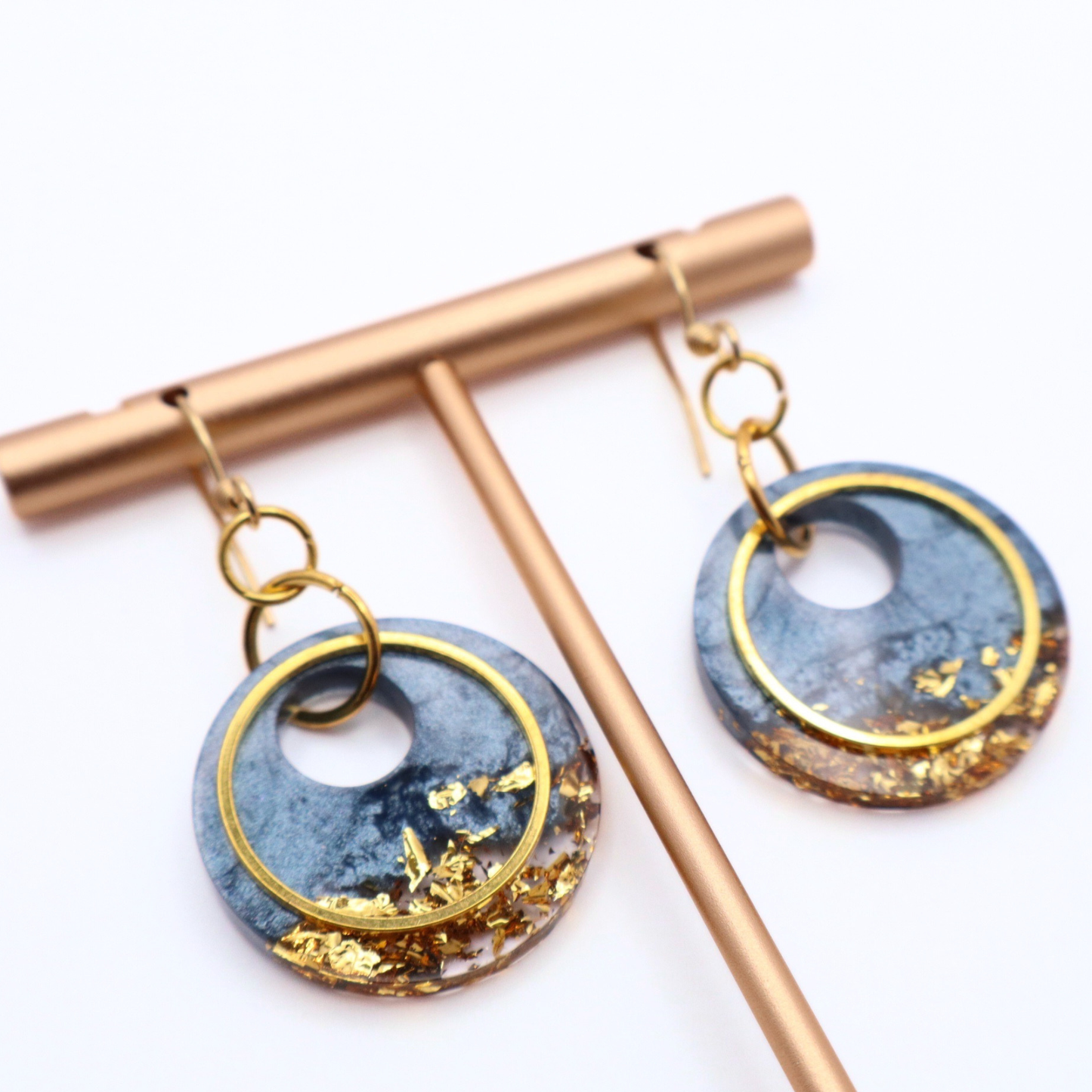 Denim Blue and Gold Resin Earrings - Moonlit Tide