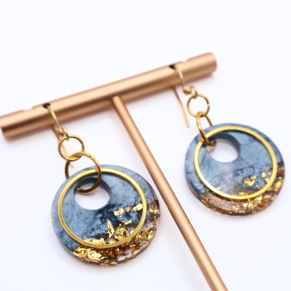 Denim Blue and Gold Resin Earrings - Moonlit Tide