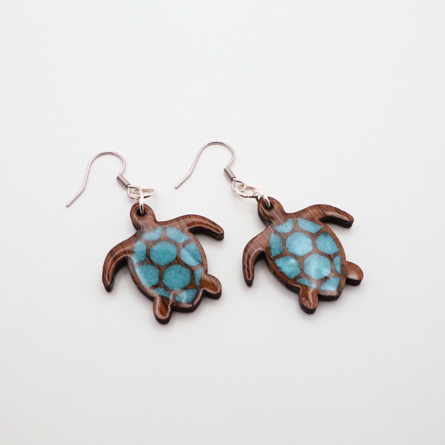 Handmade Black Walnut Sea Turtle Earrings, Resin Shell, Beach Jewelry