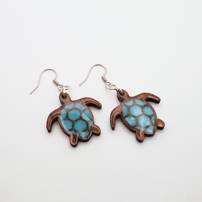 Handmade Black Walnut Sea Turtle Earrings, Resin Shell, Beach Jewelry