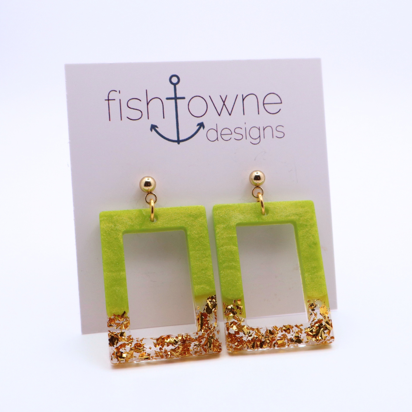 Lime Green and Gold Resin Earrings - Key Lime Pie