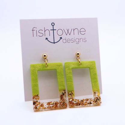 Lime Green and Gold Resin Earrings - Key Lime Pie