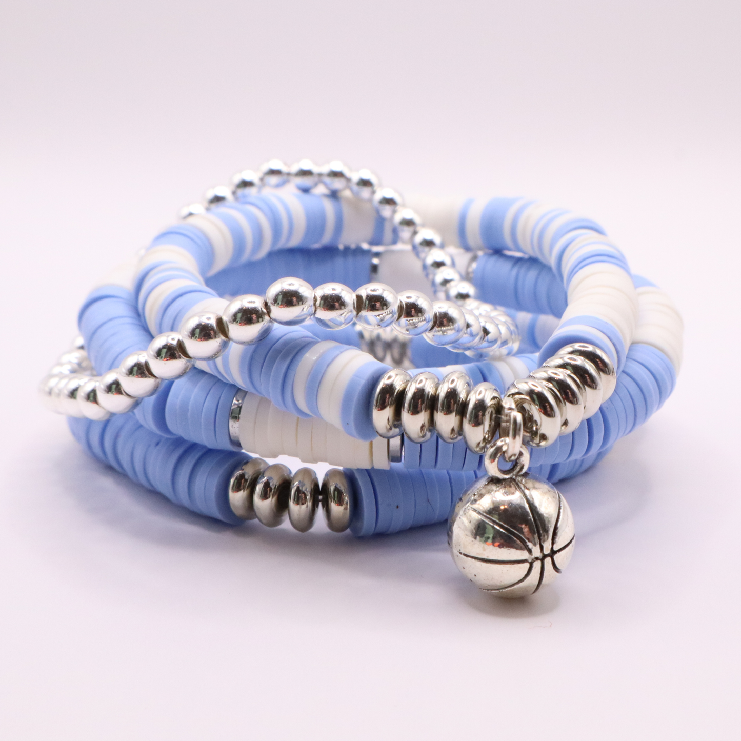 Light Blue & White Game Day Clay Bead Bracelet Stack