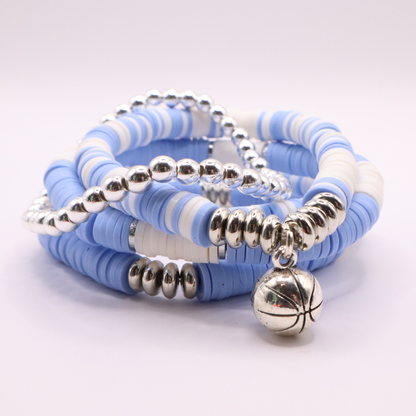 Light Blue & White Game Day Clay Bead Bracelet Stack