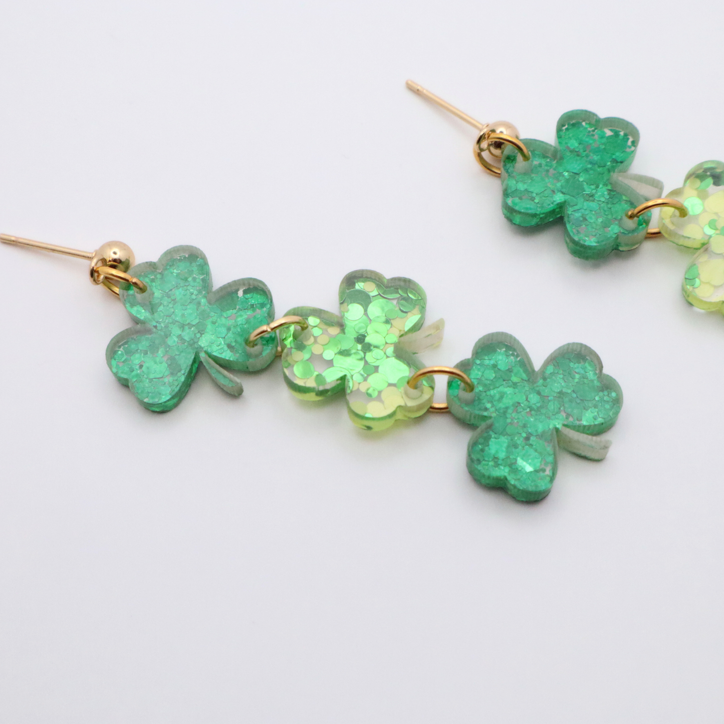 St. Patrick's Day Shamrock Acrylic Earrings | Green Glitter Dangles