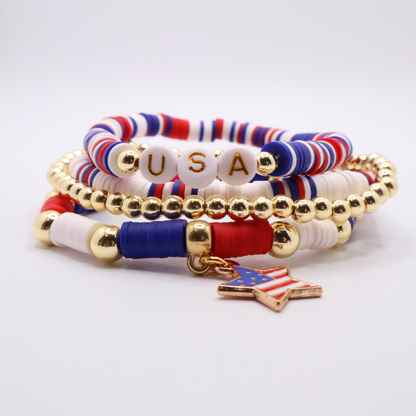 Patriotic Bracelet Stack | 4th of July USA Bracelet | Red White Blue Bracelet Stack