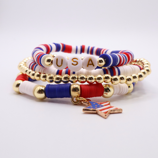 Patriotic Bracelet Stack | 4th of July USA Bracelet | Red White Blue Bracelet Stack