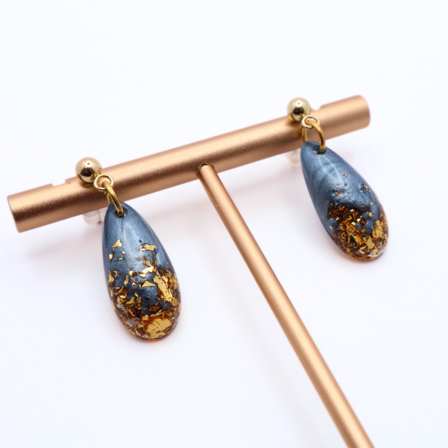 Denim Blue and Gold Resin Earrings - Moonlit Tide