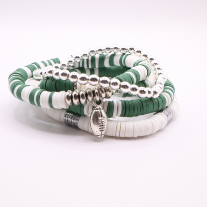 Green & White Game Day Clay Bead Bracelet Stack