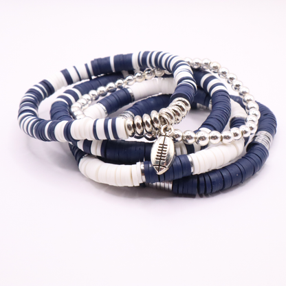 Navy Blue & White Game Day Clay Bead Bracelet Stack