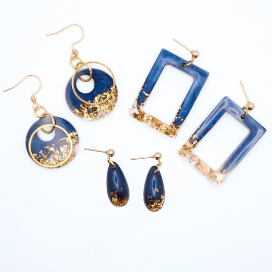 Navy Blue and Gold Resin Earrings - Midnight Lagoon
