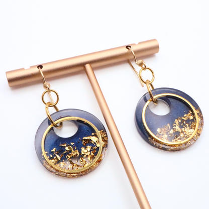 Navy Blue and Gold Resin Earrings - Midnight Lagoon