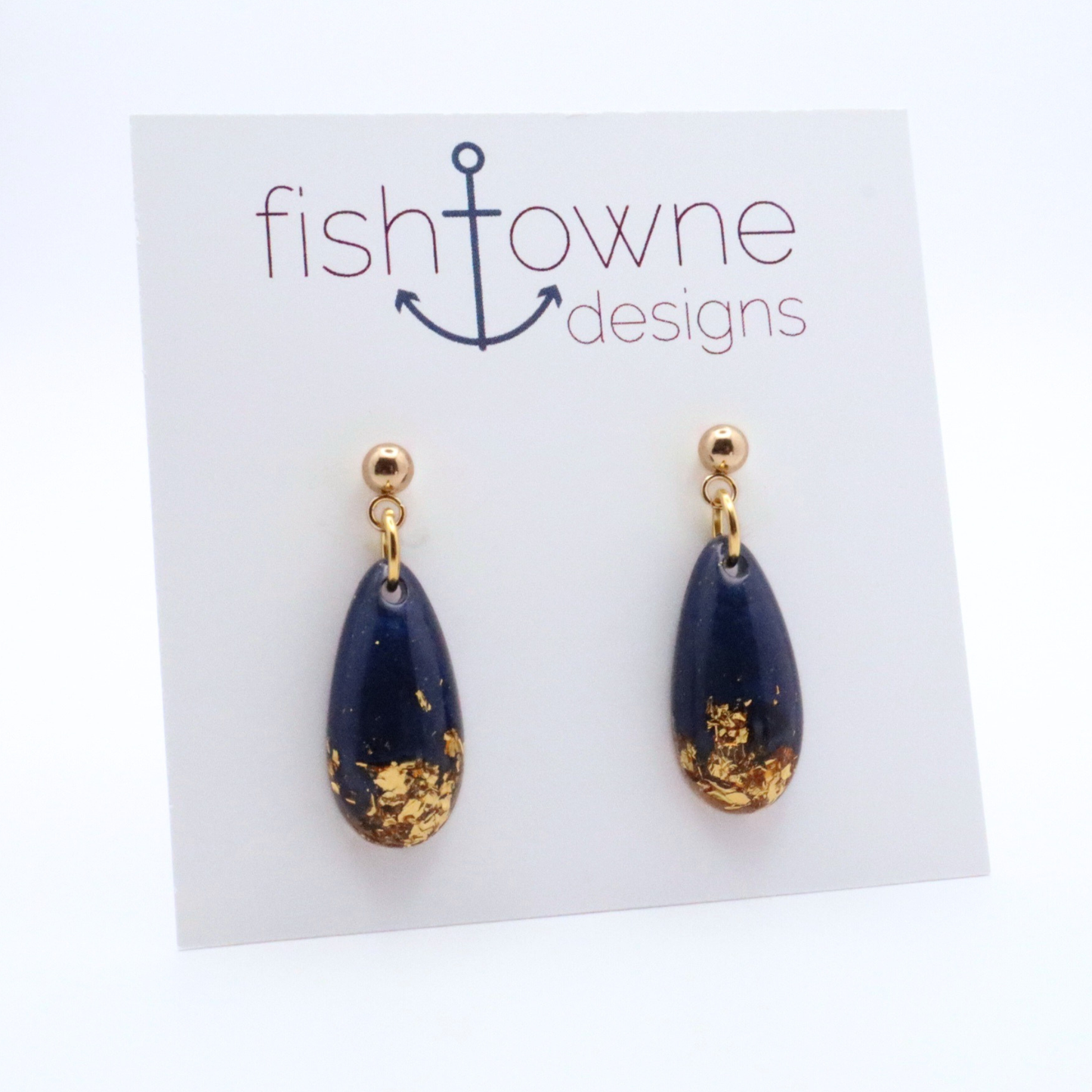 Navy Blue and Gold Resin Earrings - Midnight Lagoon