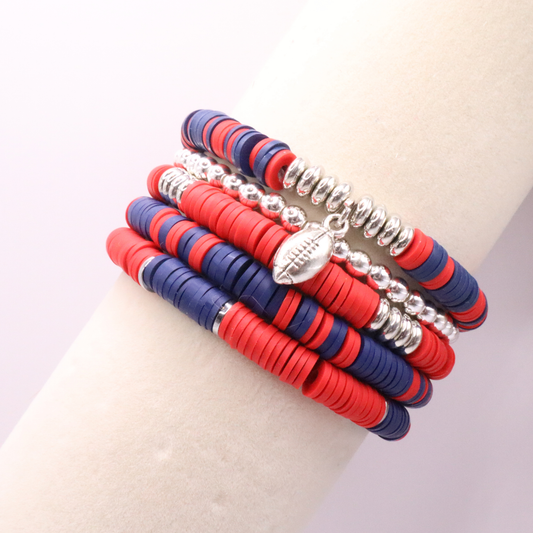 Red & Navy Blue Game Day Clay Bead Bracelet Stack