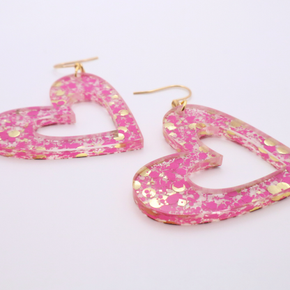 Pink Glitter Heart Acrylic Earrings – Romantic & Playful Statement Jewelry | Valentine's Day Earrings