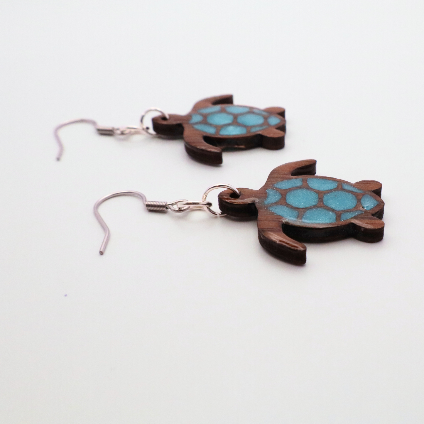 Handmade Black Walnut Sea Turtle Earrings, Resin Shell, Beach Jewelry