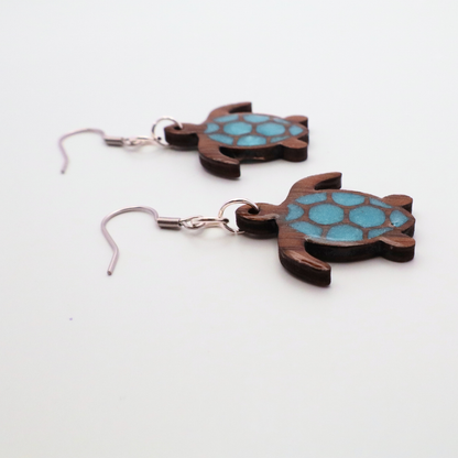 Handmade Black Walnut Sea Turtle Earrings, Resin Shell, Beach Jewelry