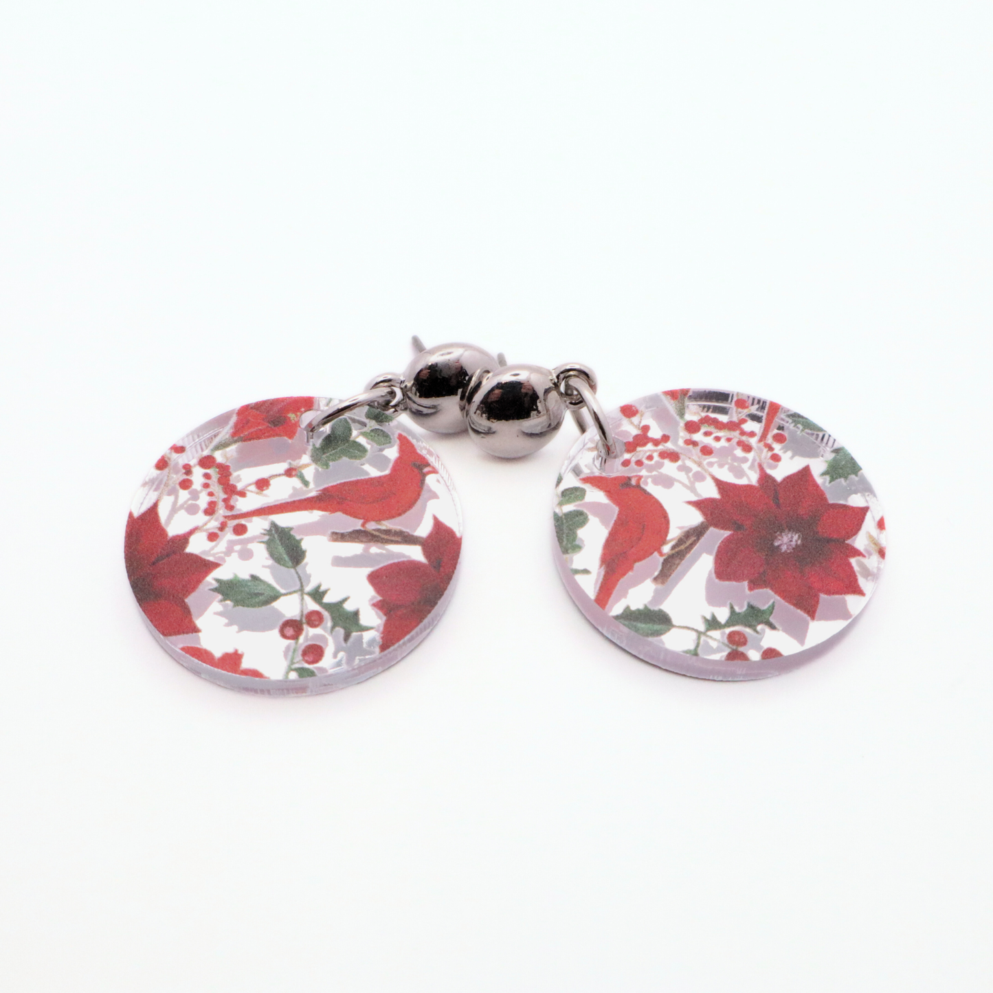 Cardinal & Poinsettia Christmas Earrings - Festive Mirrored Acrylic Holiday Dangles