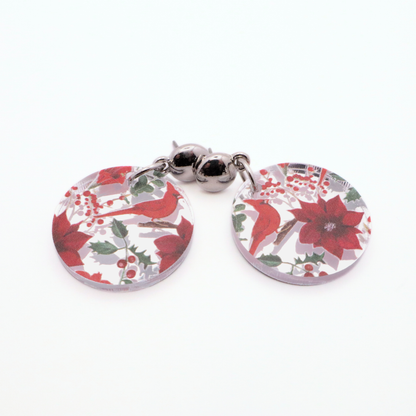 Cardinal & Poinsettia Christmas Earrings - Festive Mirrored Acrylic Holiday Dangles
