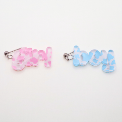 Acrylic Gender Reveal Earrings – Pink & Blue Camo, Baby Shower Gift