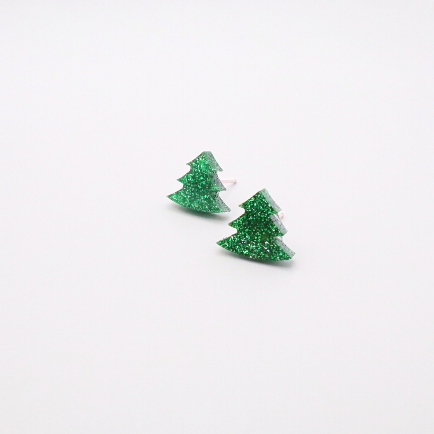 Christmas Tree Stud Earrings - Festive Holiday Acrylic Jewelry - Green Glitter Holiday Studs