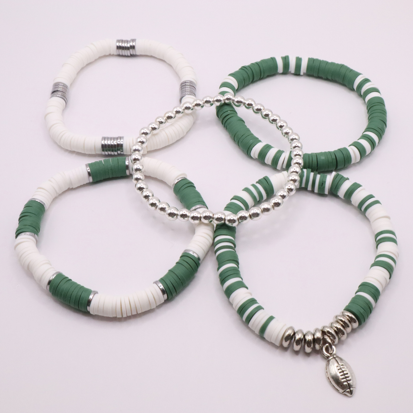 Green & White Game Day Clay Bead Bracelet Stack