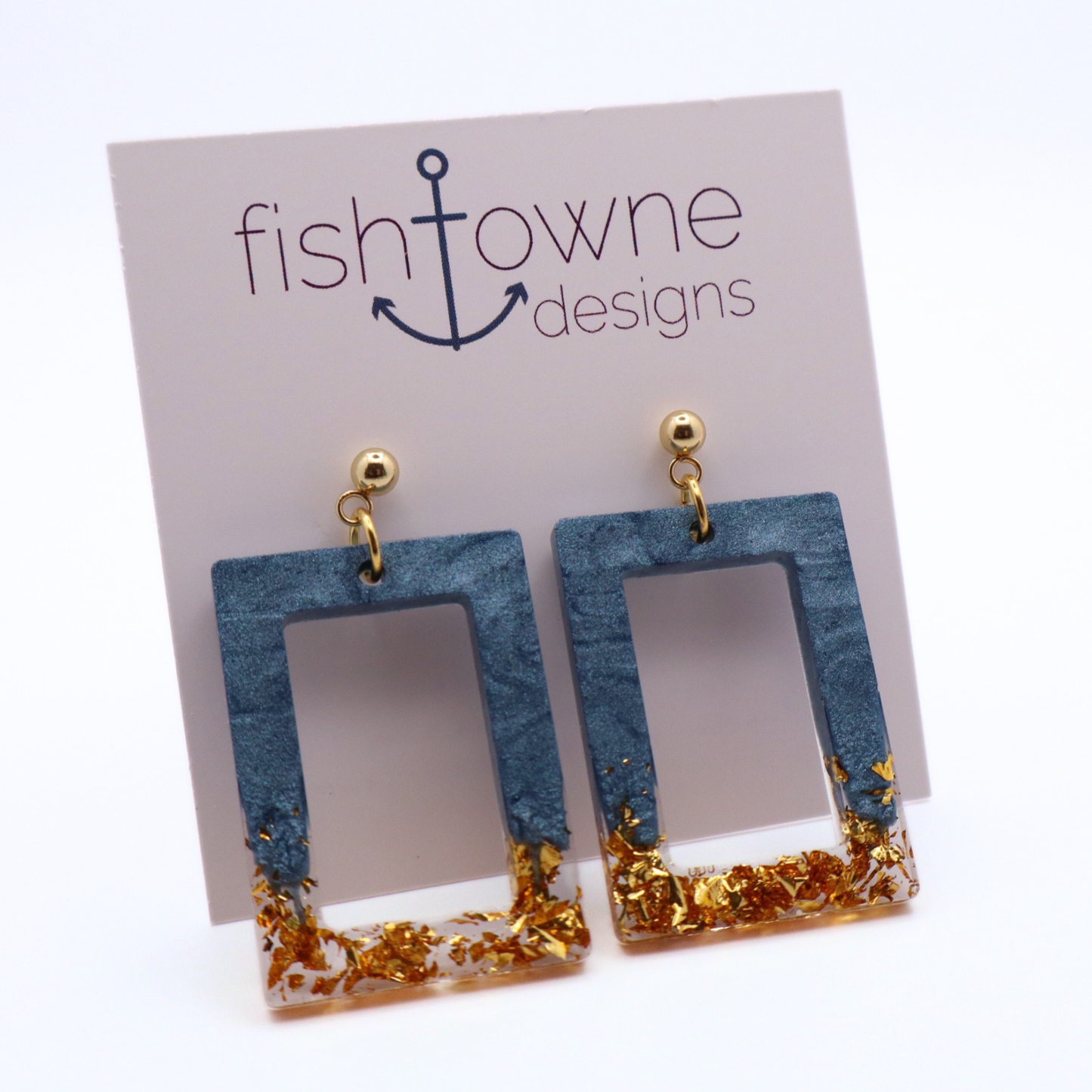 Denim Blue and Gold Resin Earrings - Moonlit Tide