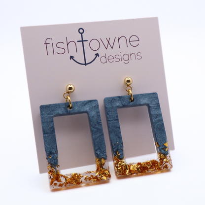Denim Blue and Gold Resin Earrings - Moonlit Tide