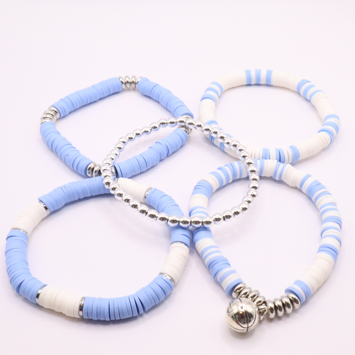 Light Blue & White Game Day Clay Bead Bracelet Stack