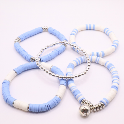 Light Blue & White Game Day Clay Bead Bracelet Stack