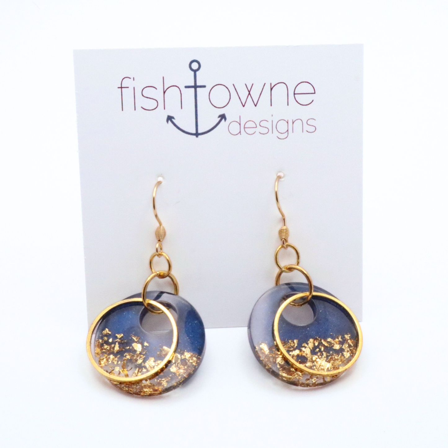 Navy Blue and Gold Resin Earrings - Midnight Lagoon
