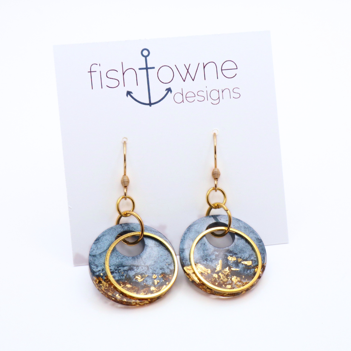Denim Blue and Gold Resin Earrings - Moonlit Tide