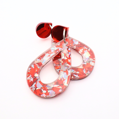 Festive Red & Silver Teardrop Holiday Earrings | Mirrored Acrylic Christmas Jewelry | Glitter Statement Earrings