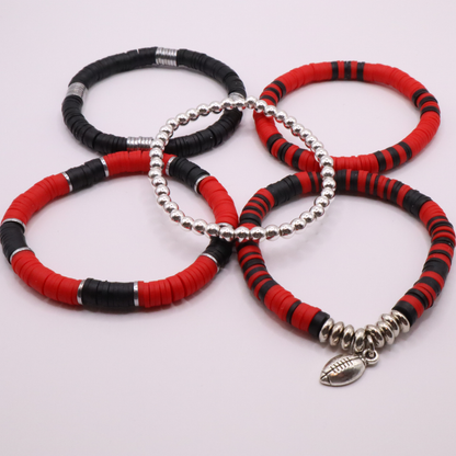 Red & Black Game Day Clay Bead Bracelet Stack