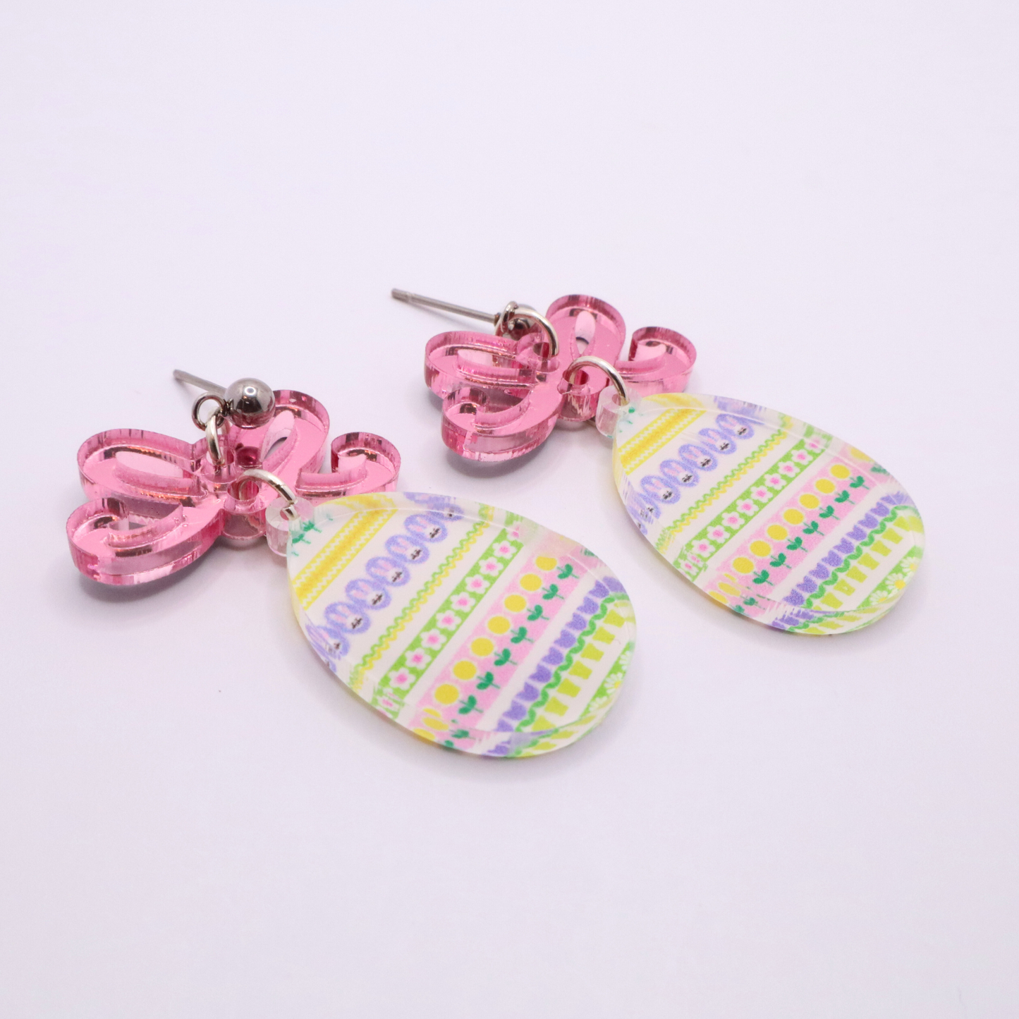 Easter Egg Dangle Earrings with Mirrored Bow – Festive Spring Jewelry