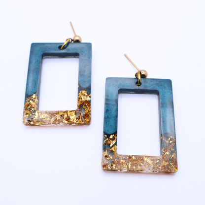 Dark Teal and Gold Resin Earrings - Bermuda Triangle