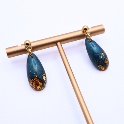 Dark Teal and Gold Resin Earrings - Bermuda Triangle
