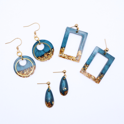 Dark Teal and Gold Resin Earrings - Bermuda Triangle