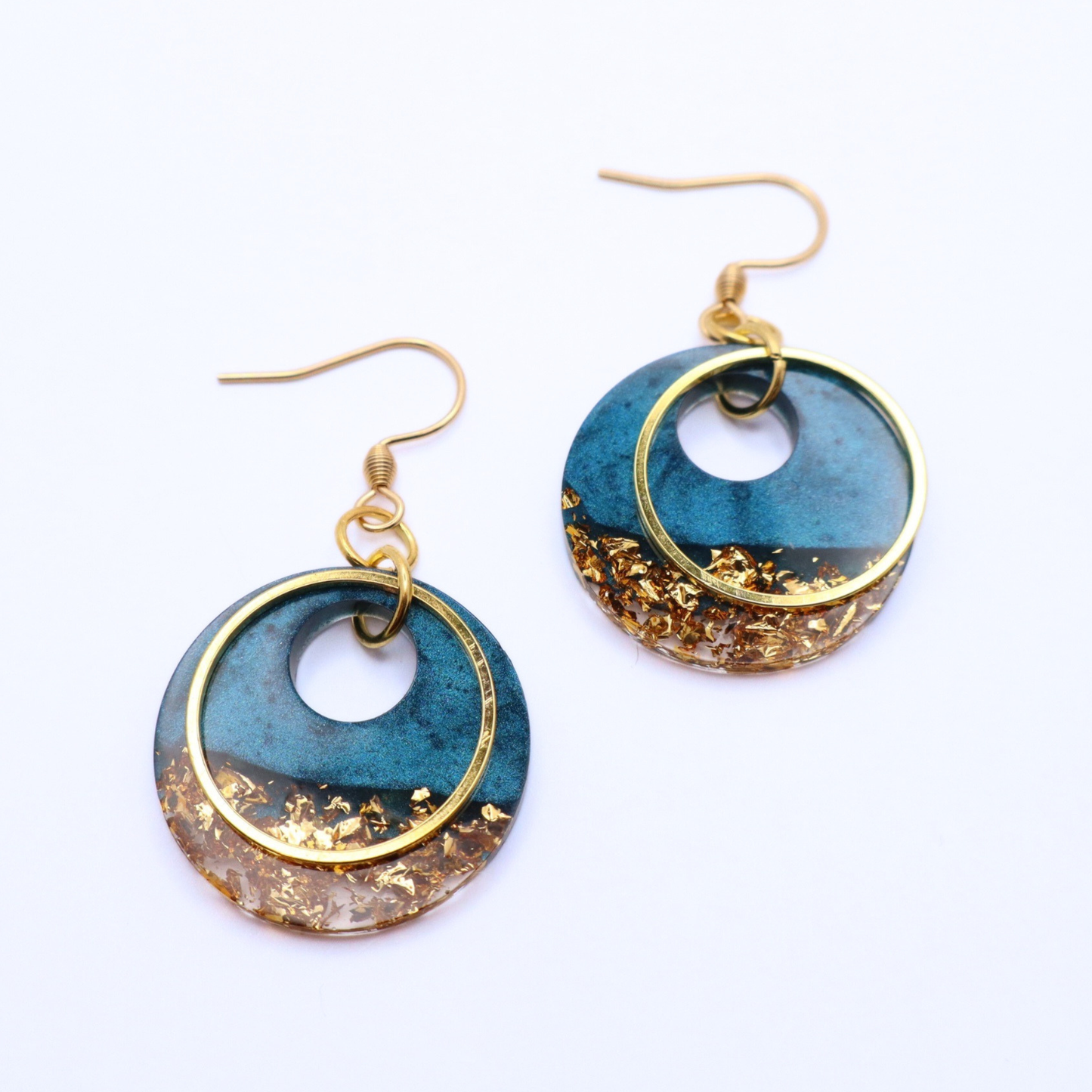 Dark Teal and Gold Resin Earrings - Bermuda Triangle