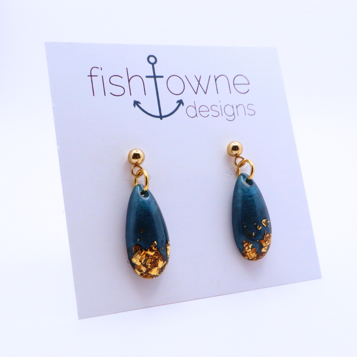 Dark Teal and Gold Resin Earrings - Bermuda Triangle