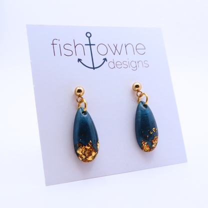 Dark Teal and Gold Resin Earrings - Bermuda Triangle