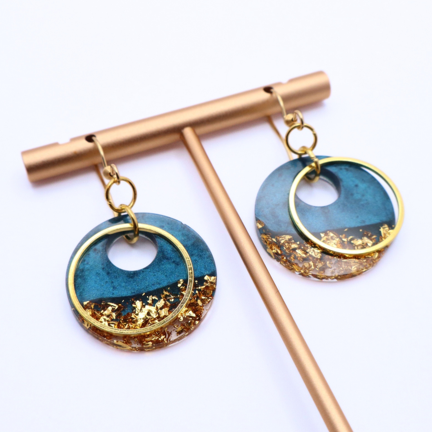 Dark Teal and Gold Resin Earrings - Bermuda Triangle
