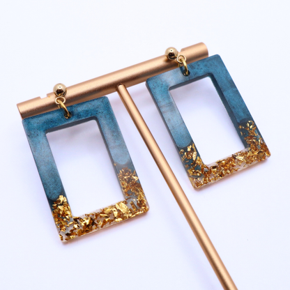 Dark Teal and Gold Resin Earrings - Bermuda Triangle