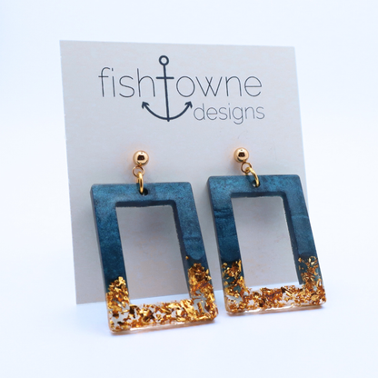 Dark Teal and Gold Resin Earrings - Bermuda Triangle