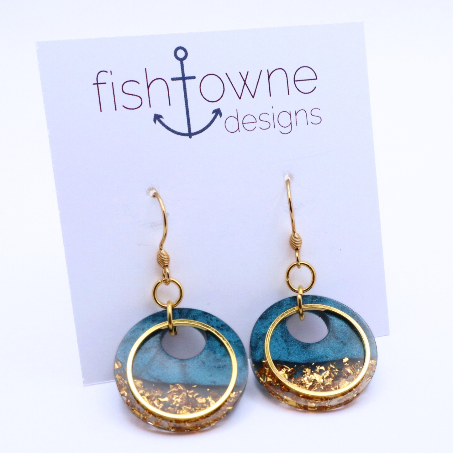 Dark Teal and Gold Resin Earrings - Bermuda Triangle
